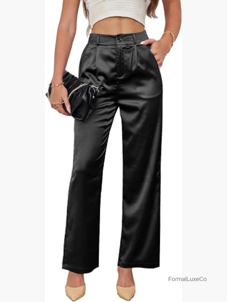 Wide Leg Satin Silky Dress Pants High Waist Elastic Pockets Party